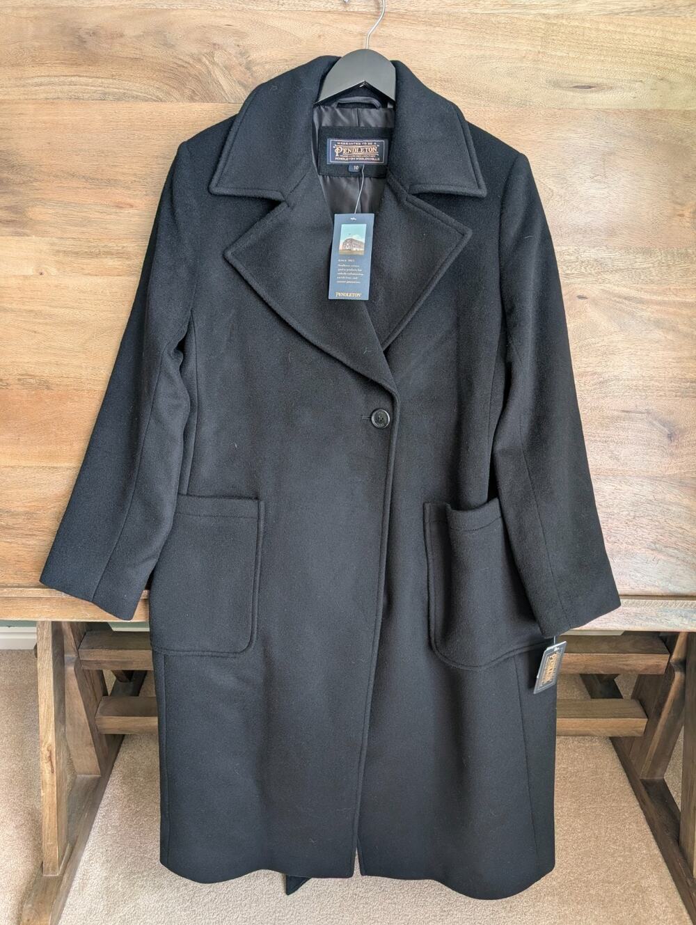 NWT Pendleton Nob Hill Wool Wrap Coat Women 10 Black Lined Notch Lapel Tie Waist